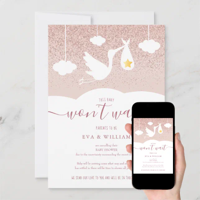 Baby Shower, Sprinkle Cancellation Stork Glitter Invitation Zazzle