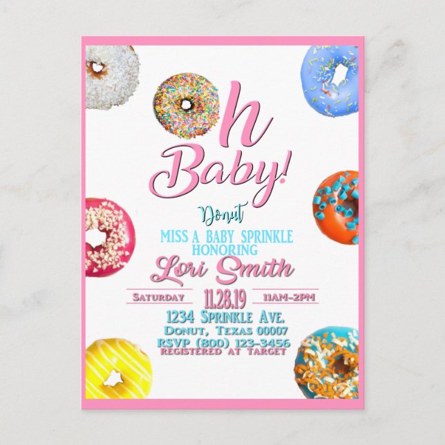 Baby Shower Sprinkle Donuts Girl Invitation Postcard (Front)