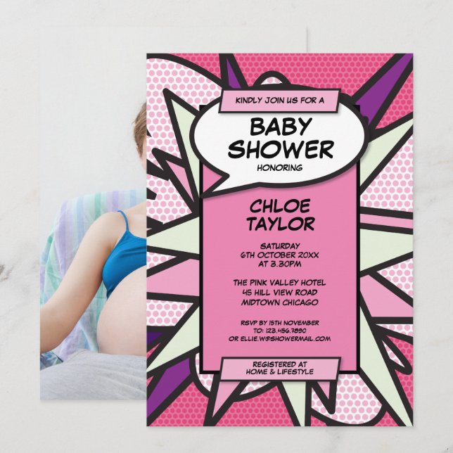 Baby Shower Sprinkle Modern Baby Girl Pink Photo Invitation (Front/Back)