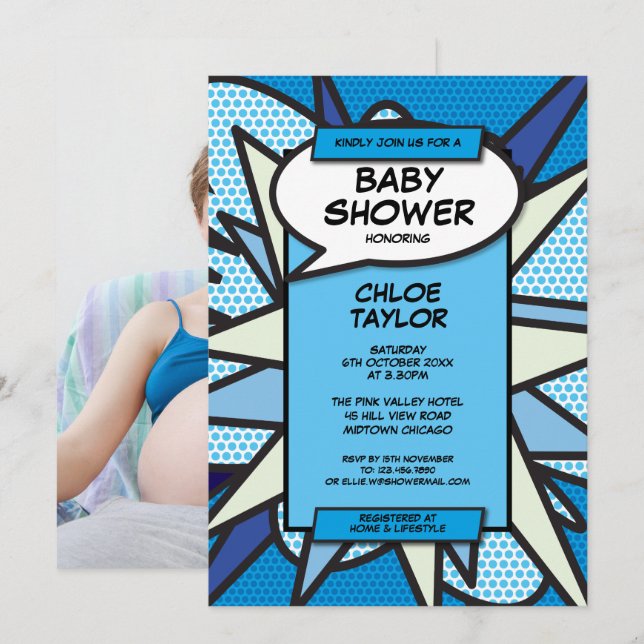 Baby Shower Sprinkle Modern Blue Baby Boy Photo Invitation (Front/Back)