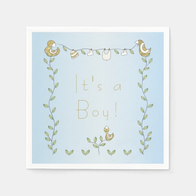 Baby Shower Standard Napkin BLUE "Gold Birds" (Front)
