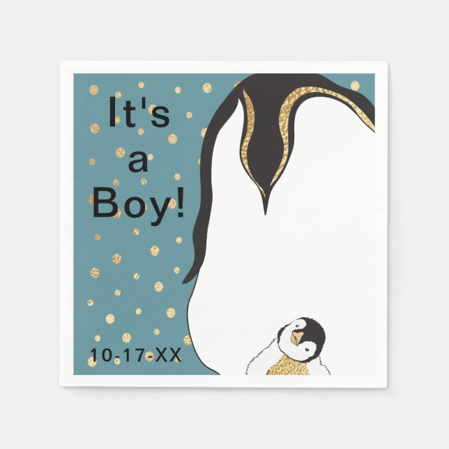 Baby Shower Standard Napkin "Gold/Blue Penguin" (Front)