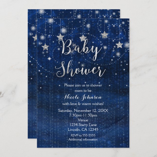 Baby Shower Starry Night Blue & Silver Invitation (Front/Back)