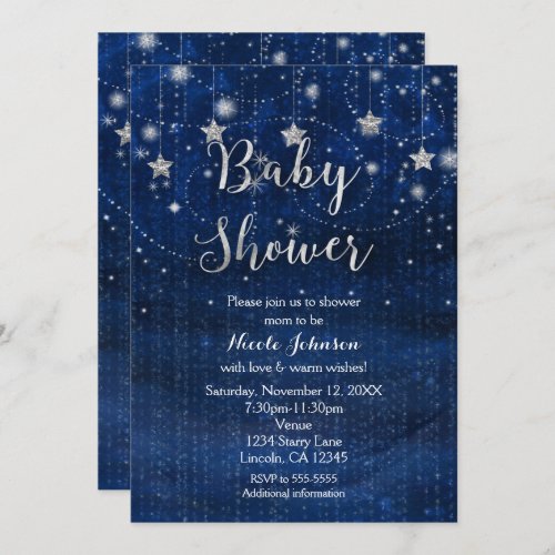 Baby Shower Starry Night Blue  Silver Invitation