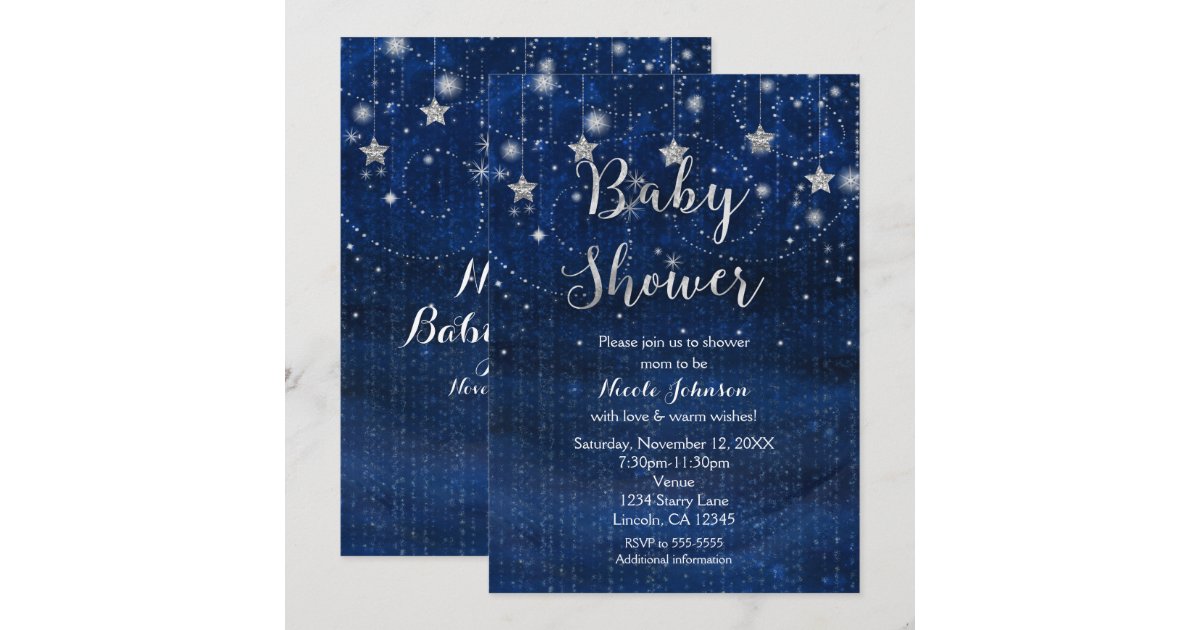Baby Shower Starry Night Blue & Silver Invitation Zazzle