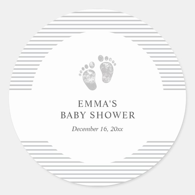 Baby Shower Sticker | Baby Footprint Gray Stripe (Front)