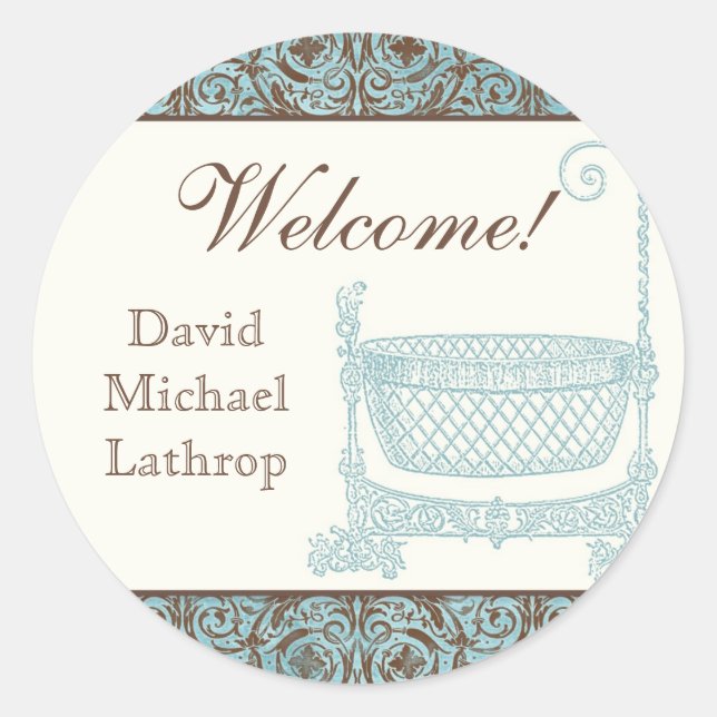 Baby Shower Stickers - Blue Brown Damask Cradle (Front)
