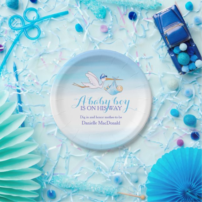 Baby Shower stork delivery baby boy art plate (Party)