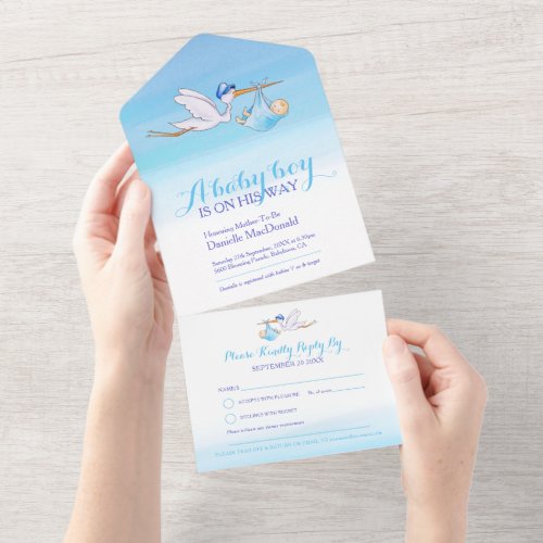 Baby shower stork delivery watercolor blue all in one invitation