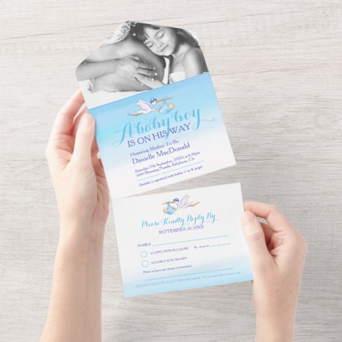 Baby shower stork delivery watercolor blue photo all in one invitation