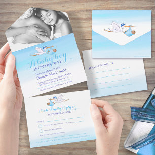 Baby shower stork delivery watercolor blue photo all in one invitation