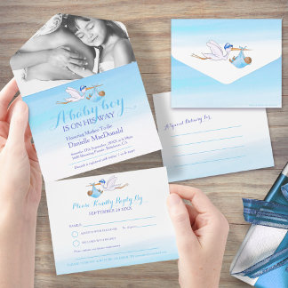 Baby shower stork delivery watercolor blue photo all in one invitation