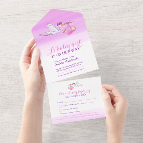 Baby shower stork delivery watercolor girl pink all in one invitation