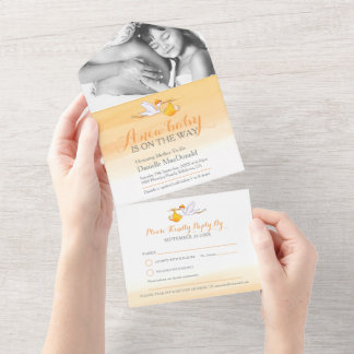 Baby shower stork delivery watercolor orange photo all in one invitation