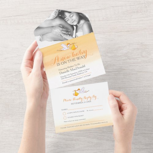 Baby shower stork delivery watercolor orange photo all in one invitation