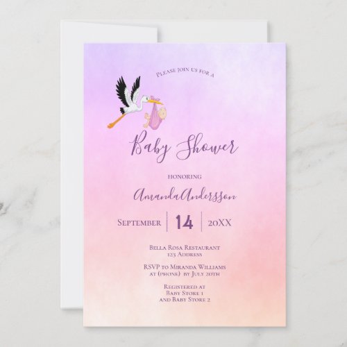 Baby shower Stork girl pink purple rose gold Invitation