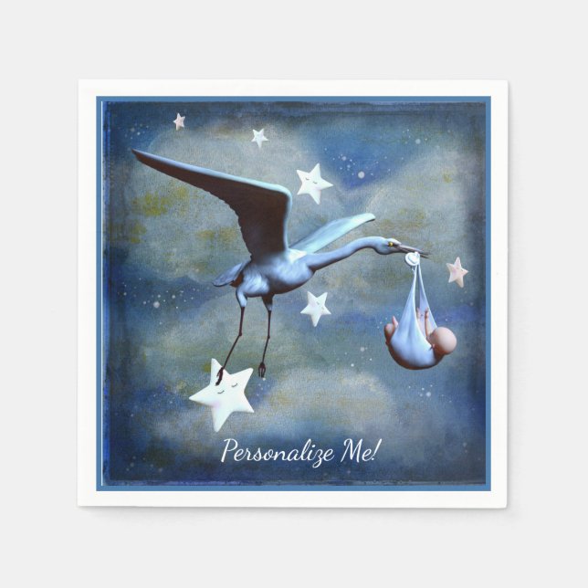 Baby Shower Stork & Newborn Blue Boy Personalized Napkins (Front)