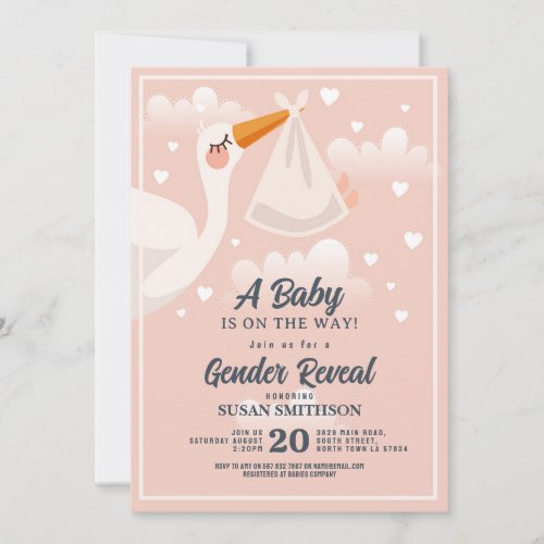 Baby Shower Stork Peach Gender Reveal Coral Invitation