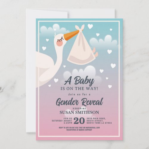 Baby Shower Stork Pink Blue Gender Reveal Invitation