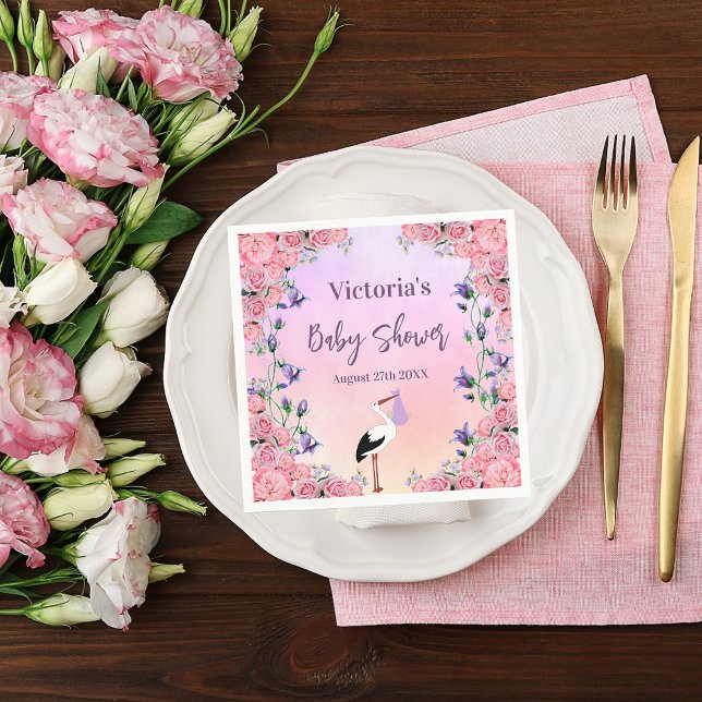 Baby shower stork pink purple flowers girl napkins (Creator Uploaded)