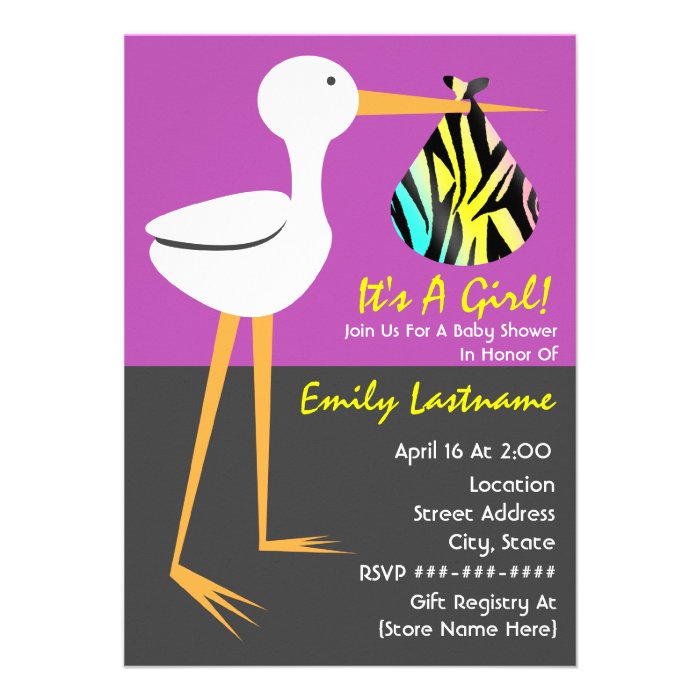 Baby Shower   Stork With Neon Zebra Print Bundle Custom Announcements
