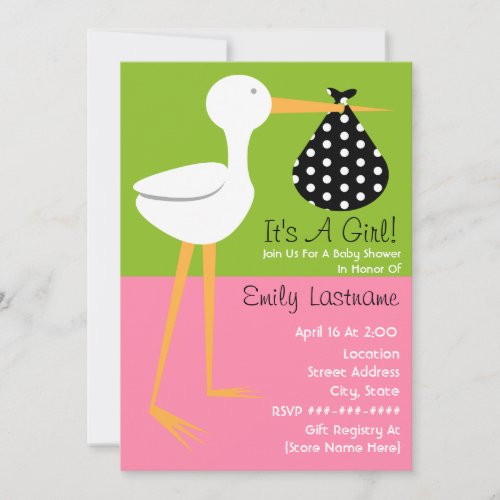 Baby Shower _ Stork With Polka Dot Bundle Invitation