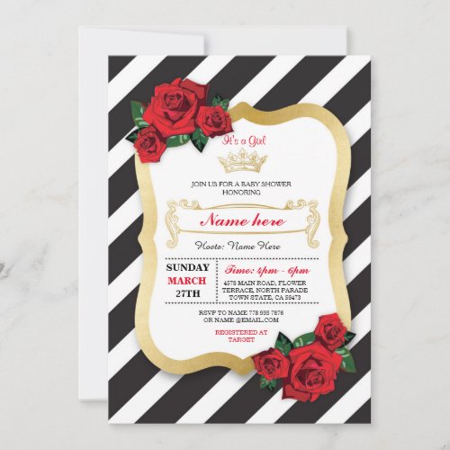 Baby Shower Stripe Black Rose Crown Girl Invite