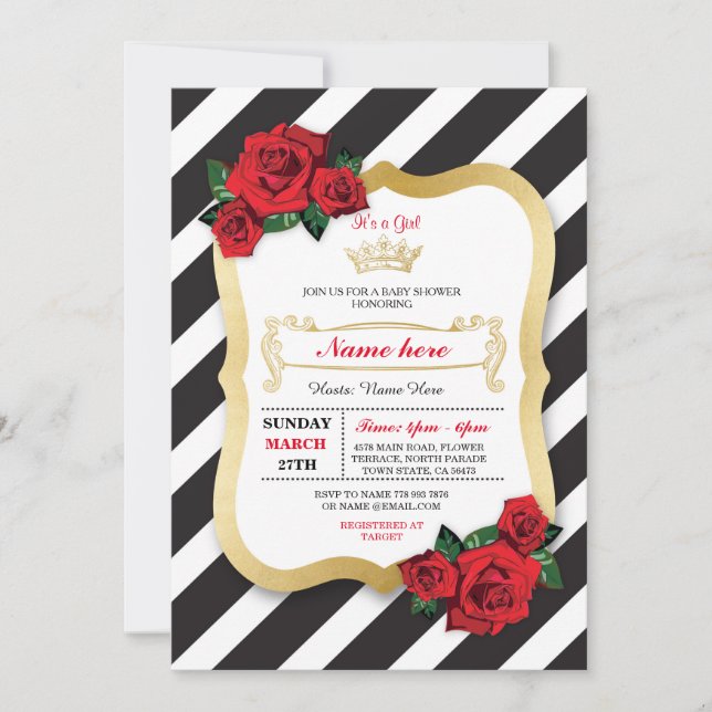 Baby Shower Stripe Black Rose Crown Girl Invite (Front)