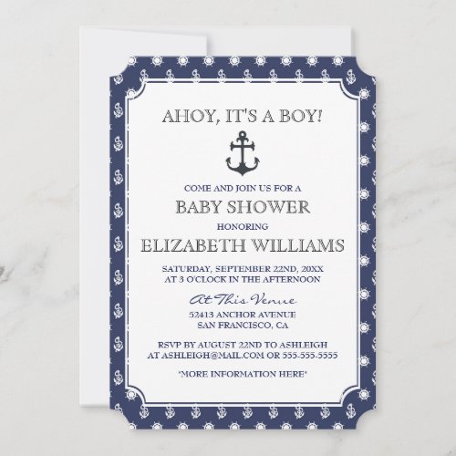 Baby Shower  Stylish Formal Navy Nautical Anchor Invitation