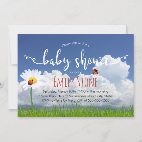 Baby Shower Summer Daisy Flower  Ladybugs Invitation