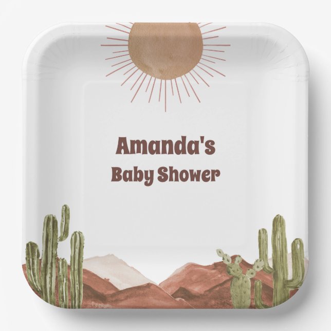 Baby Shower Sun Desert Cactus Baby Shower Paper Plates (Front)