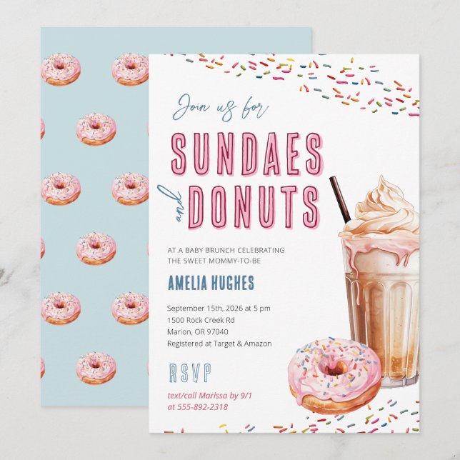Baby Shower Sundaes Milkshakes Donuts Brunch Lunch Invitation (Front/Back)