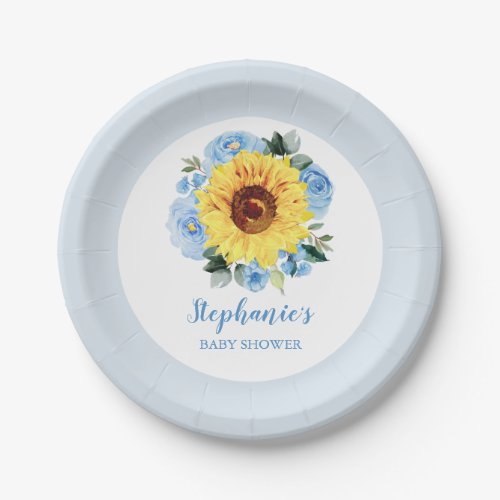 Baby Shower Sunflower Dusty Blue Floral Paper Plates