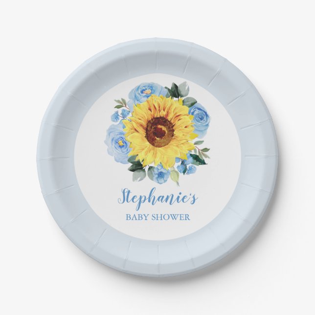 Baby Shower Sunflower Dusty Blue Floral Paper Plates (Front)
