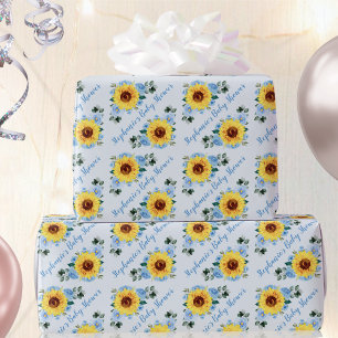 Baby Shower Sunflower Dusty Blue Personalized Name Wrapping Paper