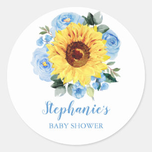 Baby Shower Sunflower Dusty Blue Roses Floral Classic Round Sticker