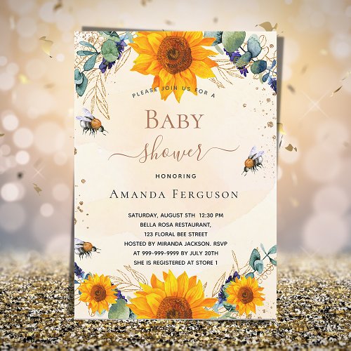 Baby Shower sunflower eucalyptus bees Invitation