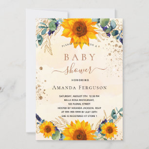 Baby Shower sunflower eucalyptus glitter Invitation