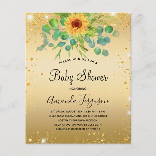 Baby shower sunflower eucalyptus gold budget flyer