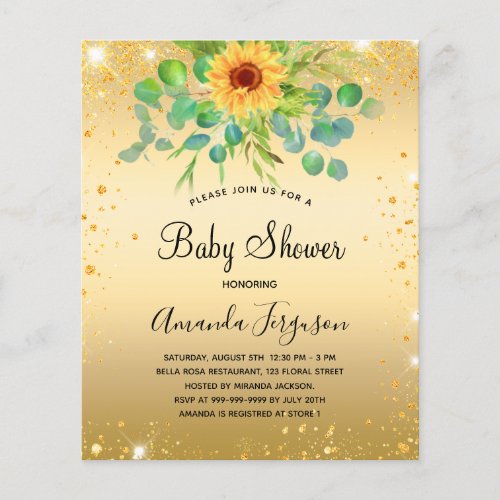 Baby shower sunflower eucalyptus gold budget flyer