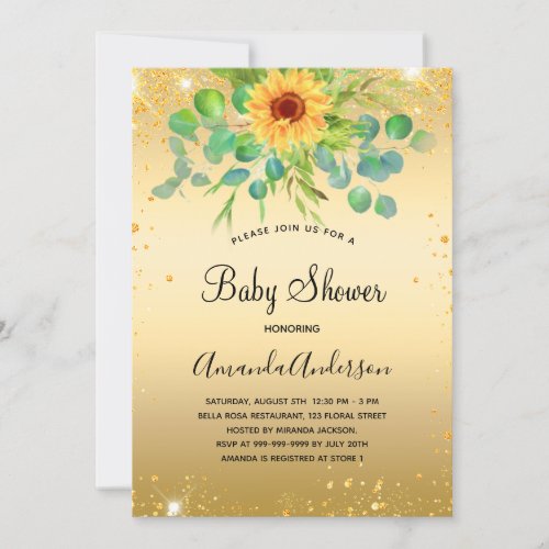 Baby shower sunflower eucalyptus gold invitation