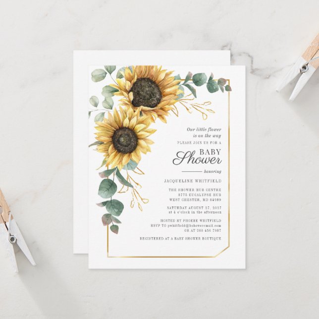 Baby Shower Sunflower Floral Eucalyptus Greenery Invitation (Front/Back In Situ)
