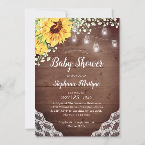 Baby Shower Sunflower Lace Mason Jar Lights Invitation