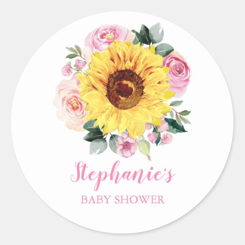 Baby Shower Sunflower Pink Floral Personalized Classic Round Sticker