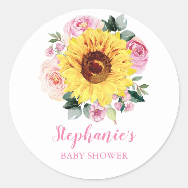 Baby Shower Sunflower Pink Floral Personalized Classic Round Sticker (Front)
