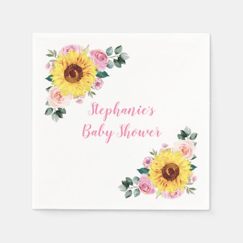 Baby Shower Sunflower Pink Floral Personalized Napkins