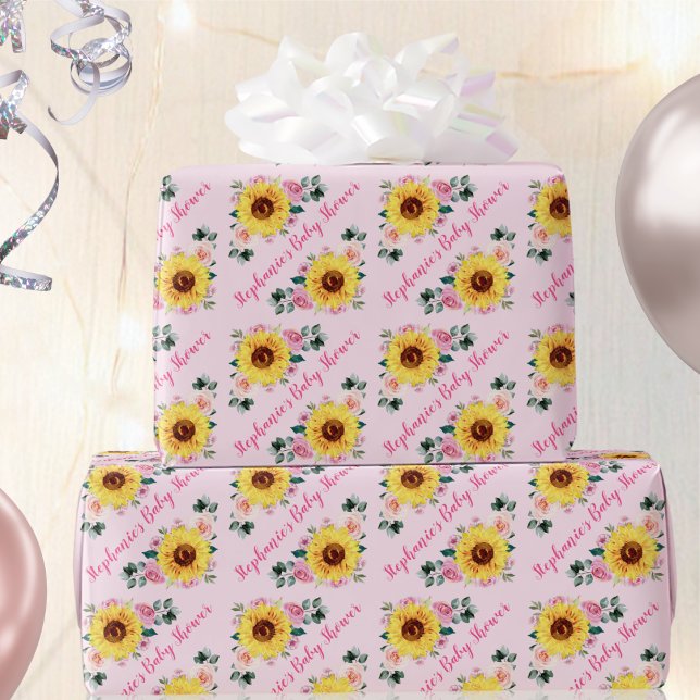 Baby Shower Sunflower Pink Roses Personalized Name Wrapping Paper (Creator Uploaded)