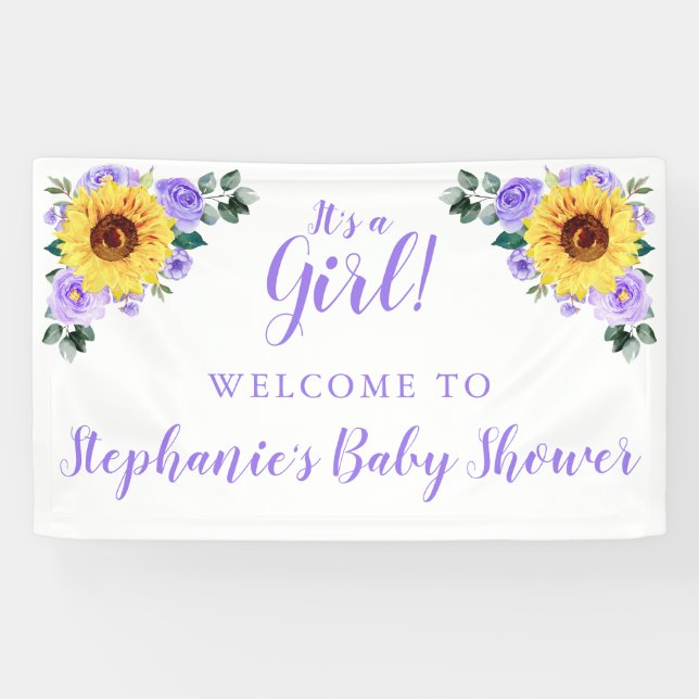 Baby Shower Sunflower Purple Floral Personalized Banner (Horizontal)