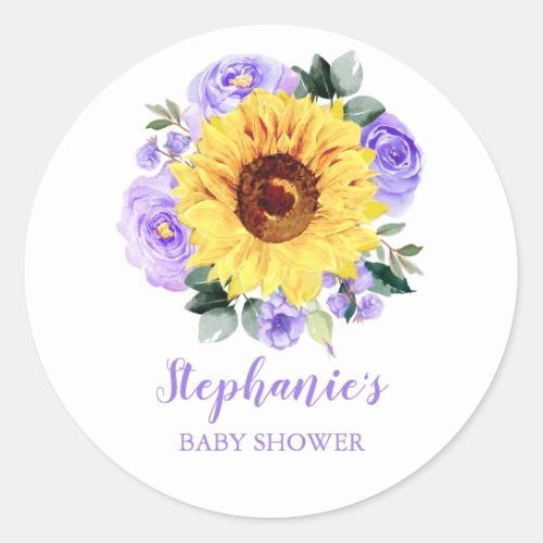 Baby Shower Sunflower Purple Floral Personalized Classic Round Sticker