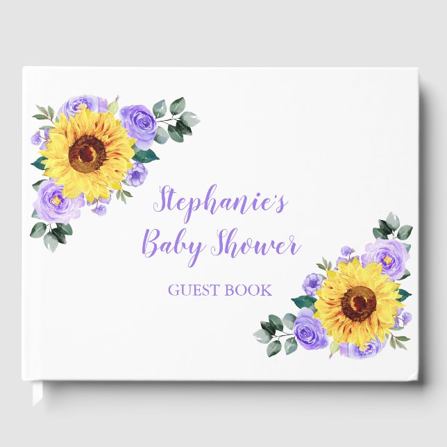Baby Shower Sunflower Purple Floral Personalized Guest Book (Front)